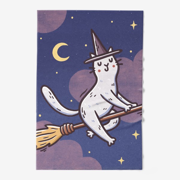 Полотенце «Белая кошка на метле. Ведьма. Хэллоуин. Розовые облака»