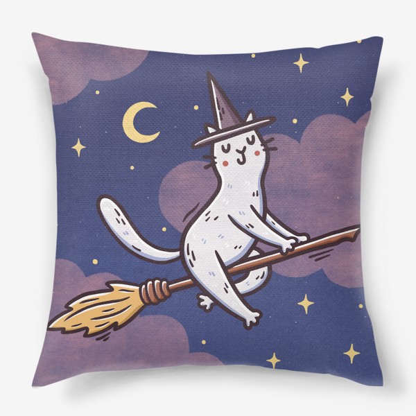 Подушка «Белая кошка на метле. Ведьма. Хэллоуин. Розовые облака»