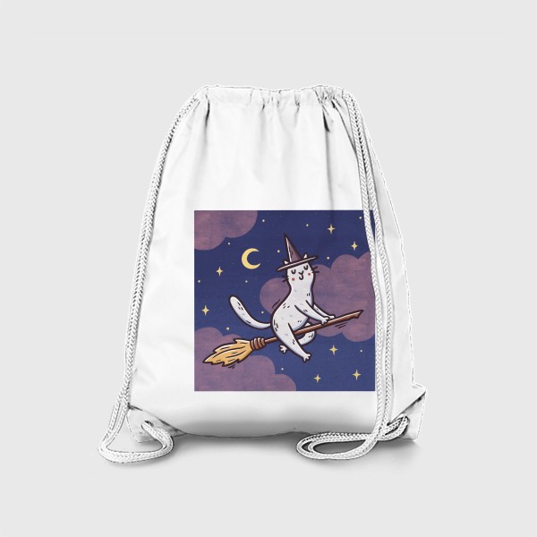 Рюкзак «Белая кошка на метле. Ведьма. Хэллоуин. Розовые облака»