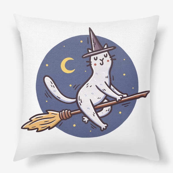 Подушка &laquo;Белая кошка на метле. Ведьма. Хэллоуин. Круг&raquo;