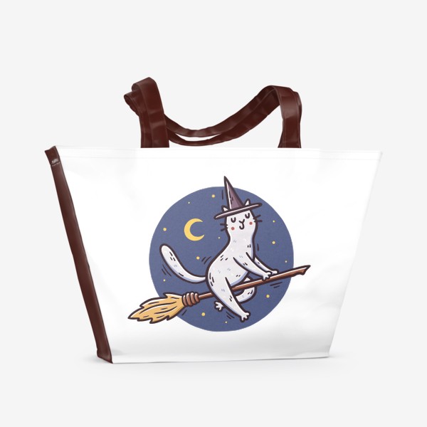 Пляжная сумка «Белая кошка на метле. Ведьма. Хэллоуин. Круг»