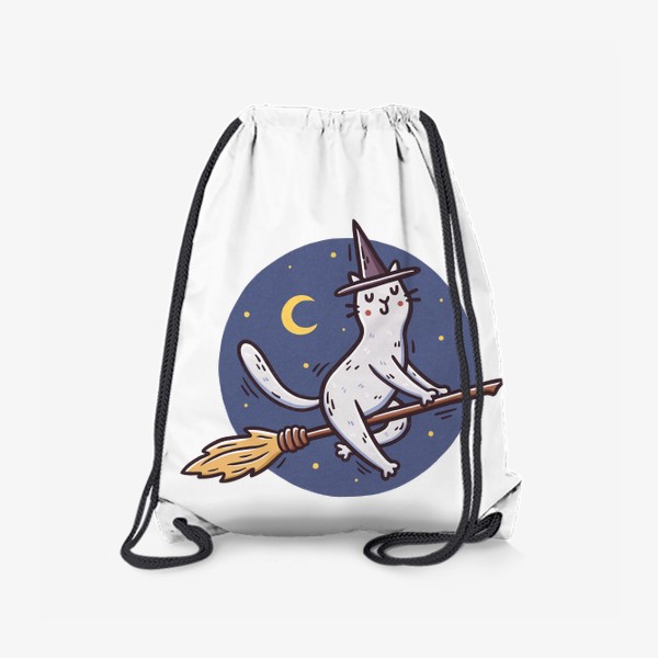 Рюкзак «Белая кошка на метле. Ведьма. Хэллоуин. Круг»