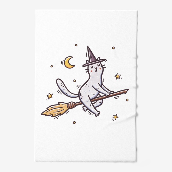 Полотенце «Белая кошка на метле. Ведьма. Хэллоуин. Звезды»