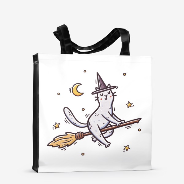 Сумка-шоппер «Белая кошка на метле. Ведьма. Хэллоуин. Звезды»