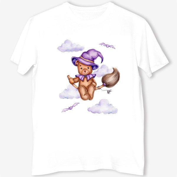 Футболка «Мишка в фиолетовой шляпе летит на метле на Хэллоуин :)»