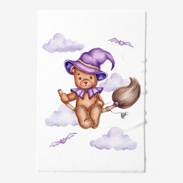 Полотенце «Мишка в фиолетовой шляпе летит на метле на Хэллоуин :)»