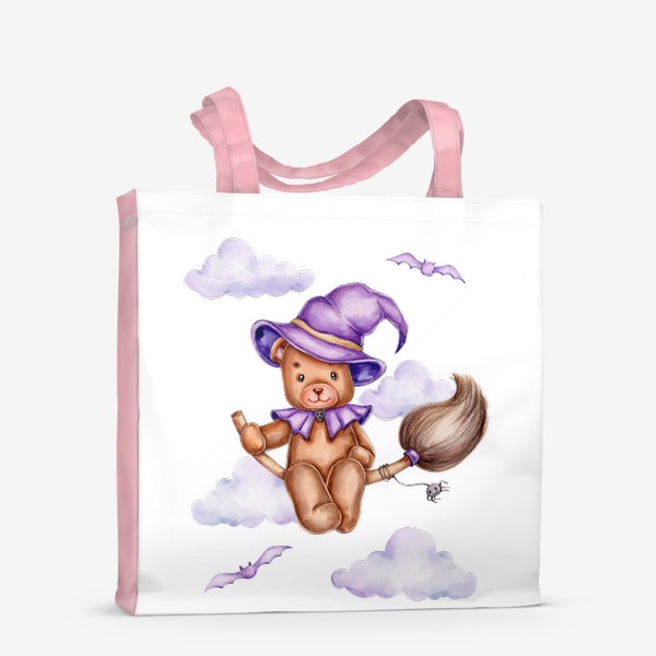 Сумка-шоппер «Мишка в фиолетовой шляпе летит на метле на Хэллоуин :)»