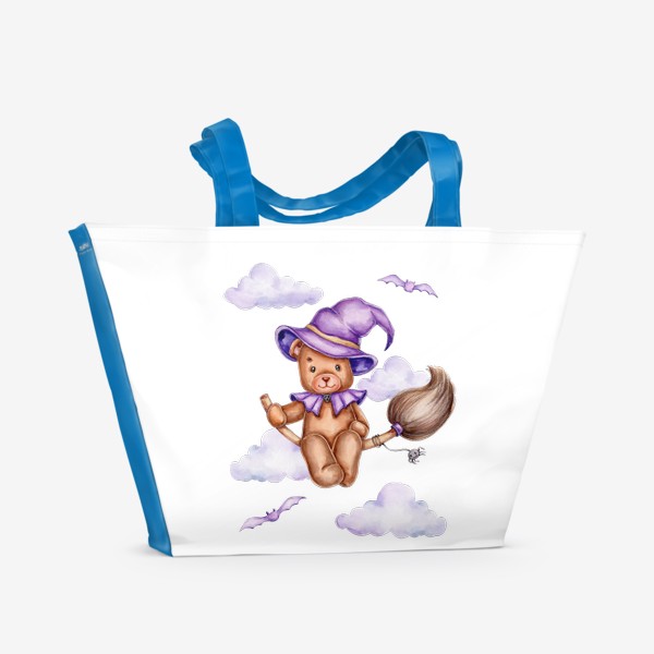 Пляжная сумка «Мишка в фиолетовой шляпе летит на метле на Хэллоуин :)»