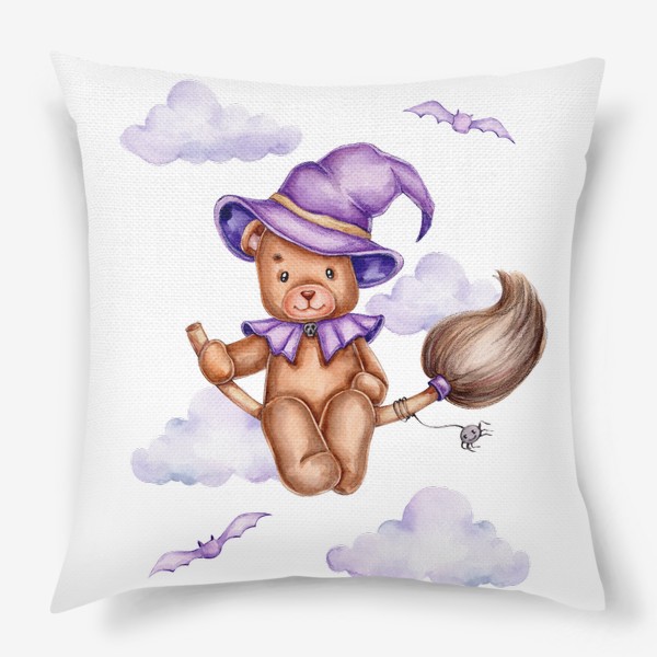 Подушка «Мишка в фиолетовой шляпе летит на метле на Хэллоуин :)»