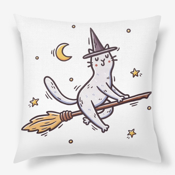 Подушка «Белая кошка на метле. Ведьма. Хэллоуин. Звезды»