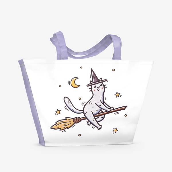 Пляжная сумка «Белая кошка на метле. Ведьма. Хэллоуин. Звезды»
