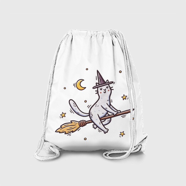 Рюкзак «Белая кошка на метле. Ведьма. Хэллоуин. Звезды»