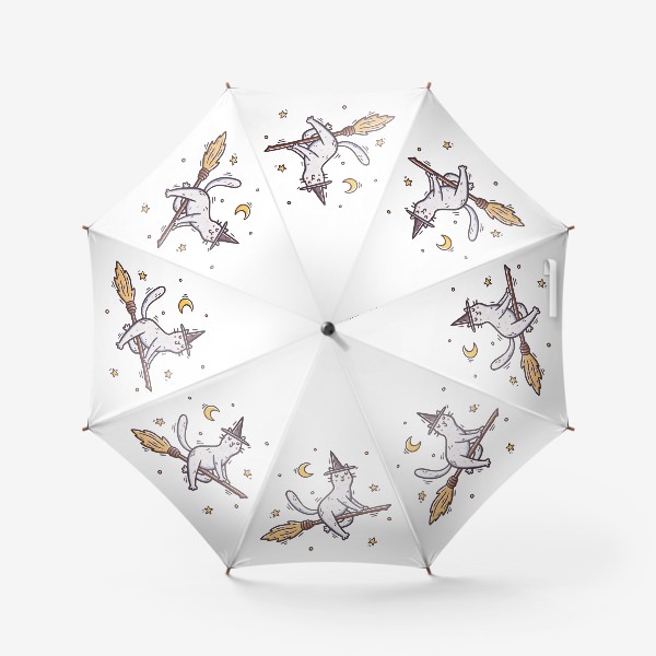 Зонт «Белая кошка на метле. Ведьма. Хэллоуин. Звезды»