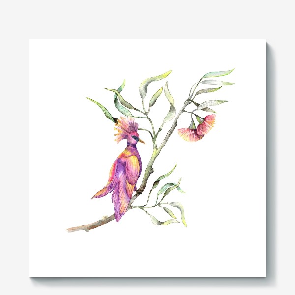 Холст «Розовая птица на ветке эвкалипта»
