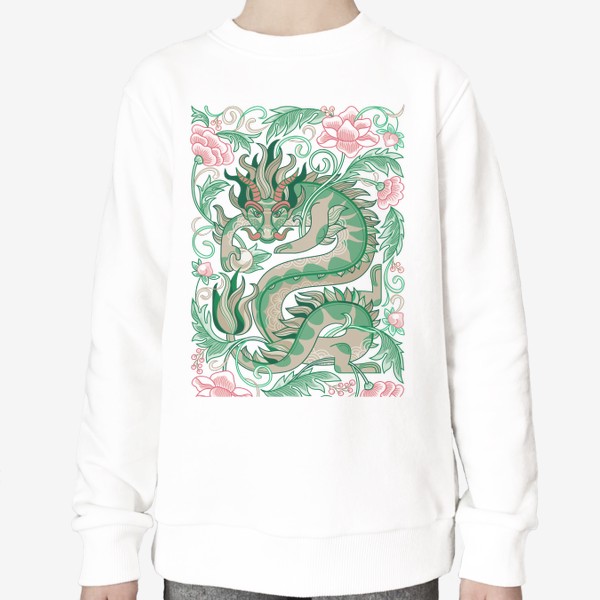 Свитшот «Зеленый китайский Дракон среди цветов. Символ 2024»