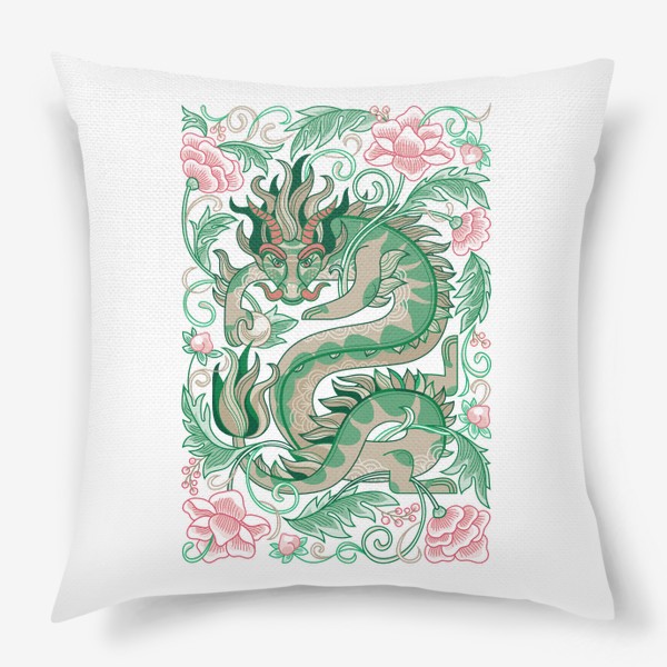 Подушка «Зеленый китайский Дракон среди цветов. Символ 2024»