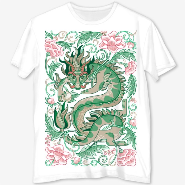 Футболка с полной запечаткой «Зеленый китайский Дракон среди цветов. Символ 2024»