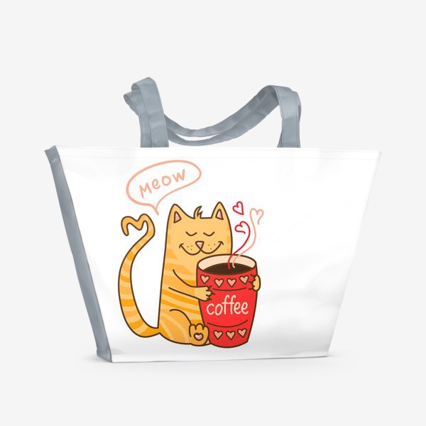 Пляжная сумка «котик-рыжик любит кофе»