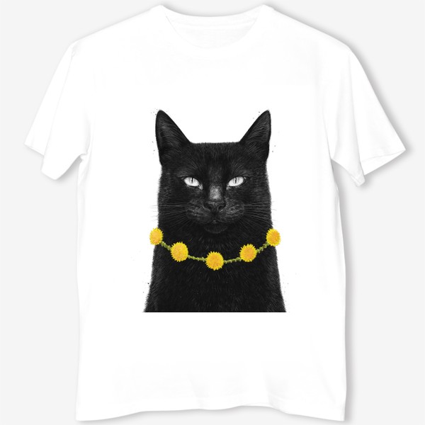 Футболка «Черный кот с одуванчиками»