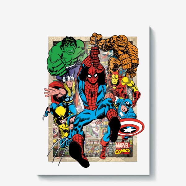 Холст «Супергерои "Человек паук, Железный человек, Халк, Тор, Капитан Америка"»
