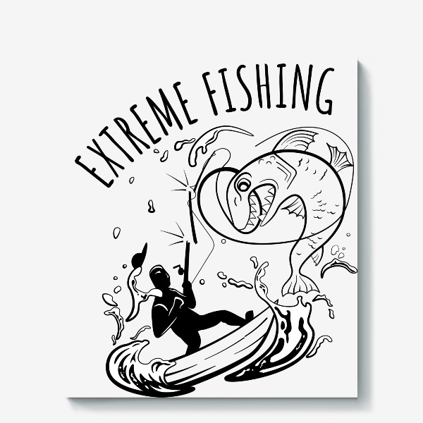 Холст «Extreme fishing надпись рыбалка в лодке и огромная рыба»