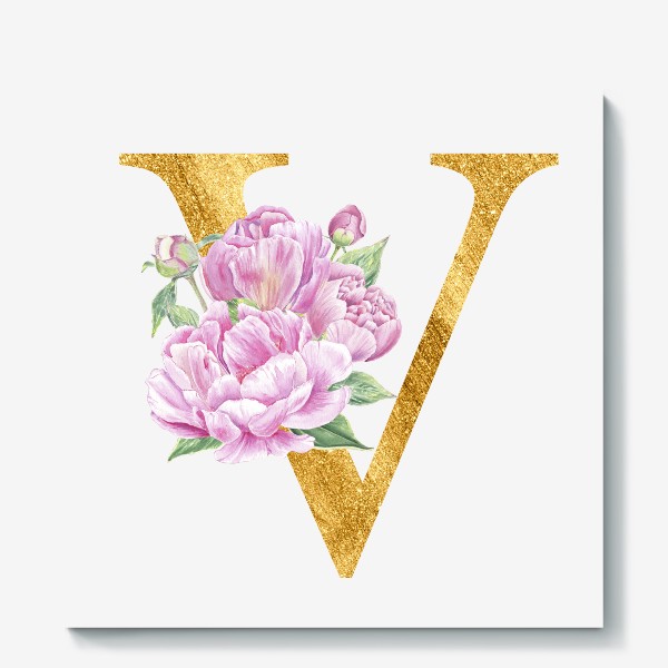 Холст «Цветочный алфавит, буква V с цветами пионы и розы»
