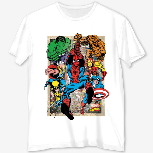 Футболка с полной запечаткой «Супергерои "Человек паук, Железный человек, Халк, Тор, Капитан Америка"»