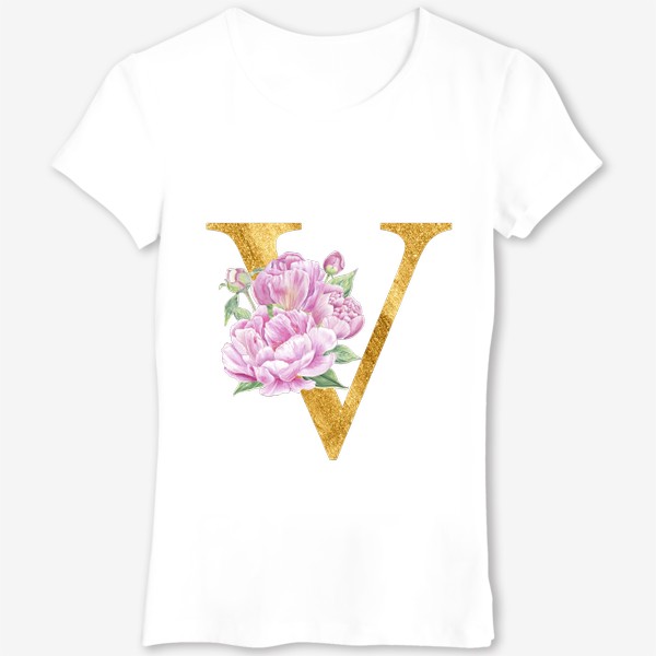 Футболка «Цветочный алфавит, буква V с цветами пионы и розы»