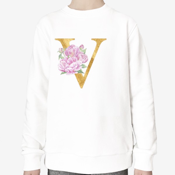 Свитшот «Цветочный алфавит, буква V с цветами пионы и розы»