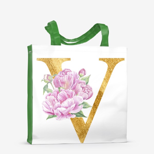 Сумка-шоппер «Цветочный алфавит, буква V с цветами пионы и розы»
