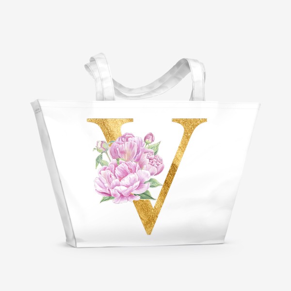 Пляжная сумка «Цветочный алфавит, буква V с цветами пионы и розы»
