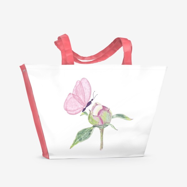 Пляжная сумка «Бабочка на цветке пион»