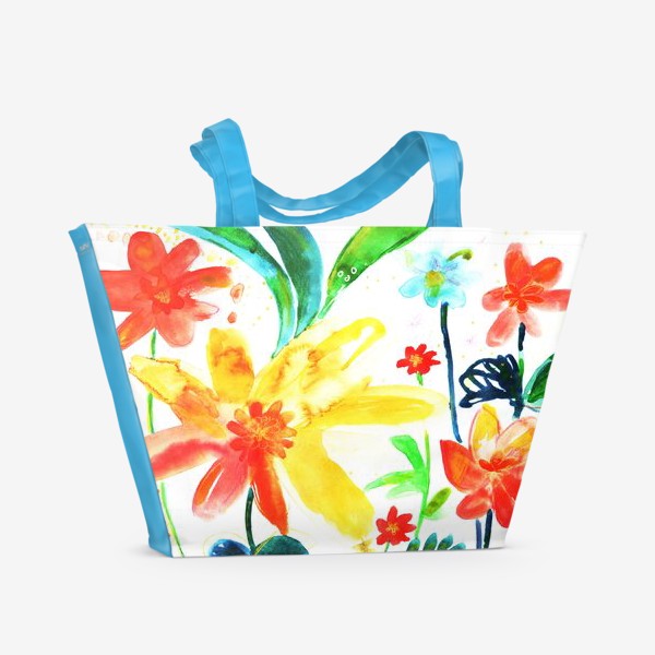 Пляжная сумка &laquo;Акварель цветы, яркие полевые цветы акварельная живопись, цветочное поле скетчинг,поляна с яркими красными цветами скетч&raquo;