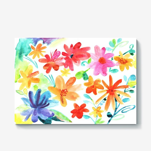 Холст &laquo;Акварель цветы, яркие луговые цветы акварельная живопись, живописные цветы скетчинг,поляна ярких разноцветных цветов&raquo;