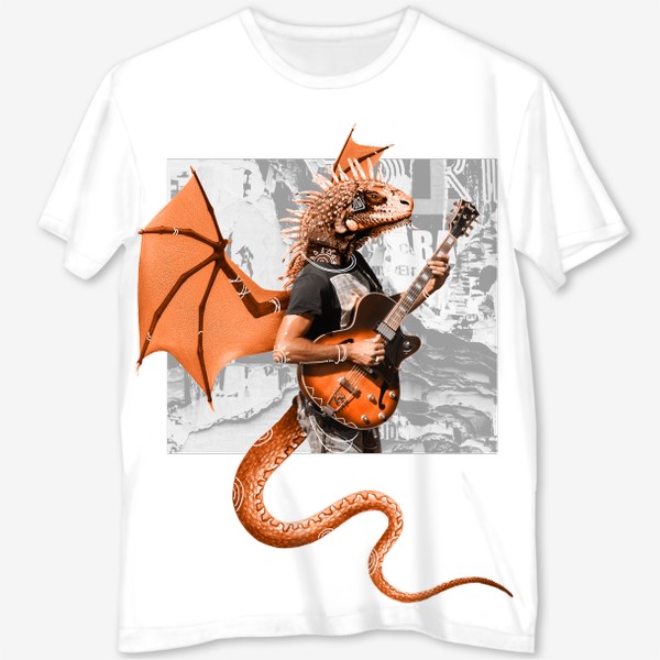 Футболка с полной запечаткой &laquo;Дракон-музыкант, гитарист, рокер (из серии "Драконы среди нас")&raquo;