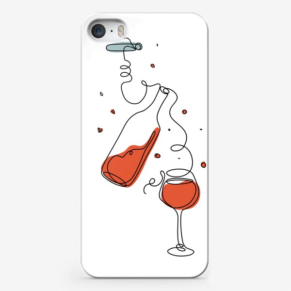 Чехол iPhone «Бутылка красного вина, бокал и штопор в стиле лайн арт»