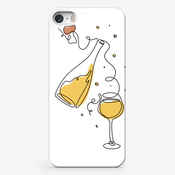 Чехол iPhone &laquo;Бутылка игристого вина, бокал и пробка в стиле лайн арт&raquo;