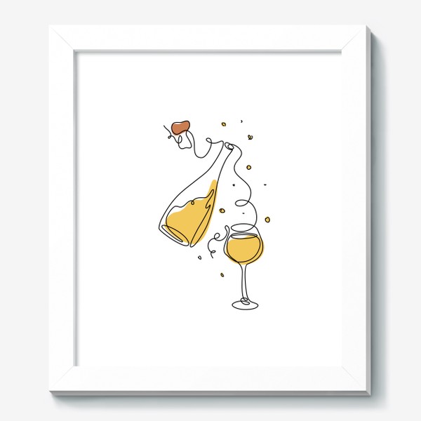 Картина «Бутылка игристого вина, бокал и пробка в стиле лайн арт»