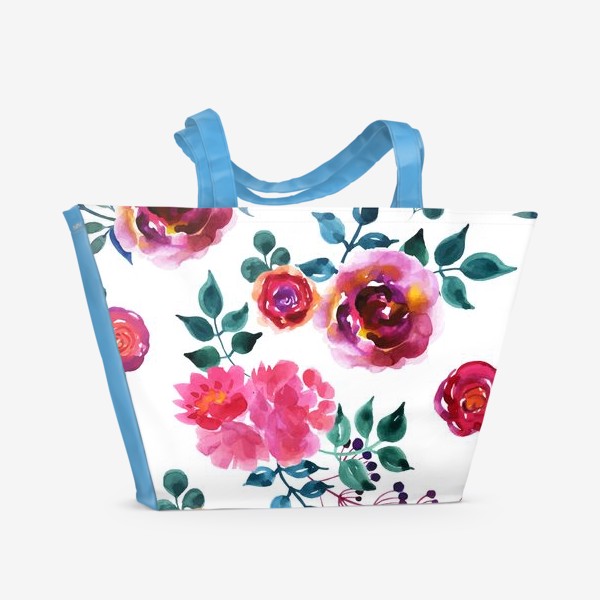 Пляжная сумка «Акварельные малиновые розы на белом фоне»