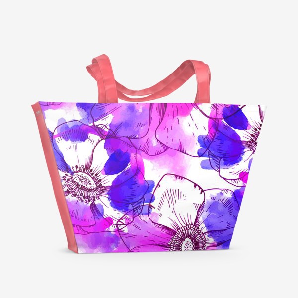 Пляжная сумка «Цветы анемоны в стели акварели и графики линией. Сиреневый  и розовый цвета»