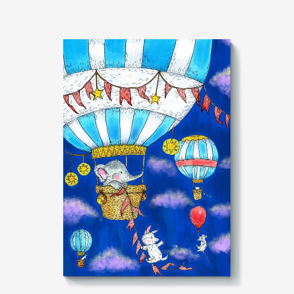 Холст «Милые животные собака и слон на воздушном шаре »