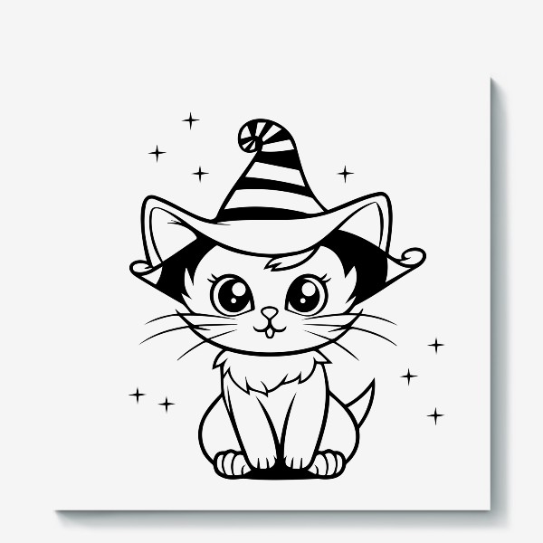 Холст «Магический котик в шляпе. Принт к Хэллоуину для детей»