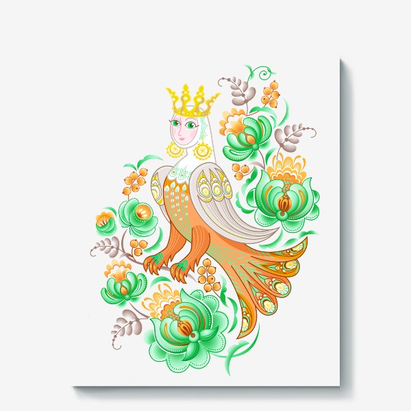 Холст «Сказочная птица Сирин (Алконост) среди цветов»