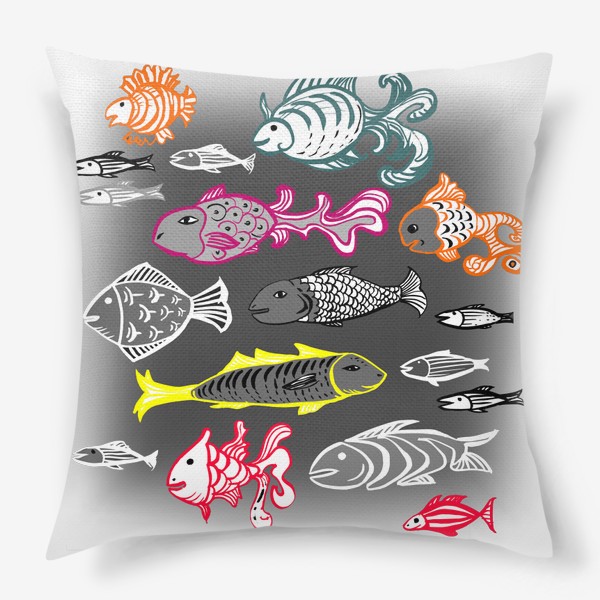 Подушка «Экзотические цветные рыбы в сером»