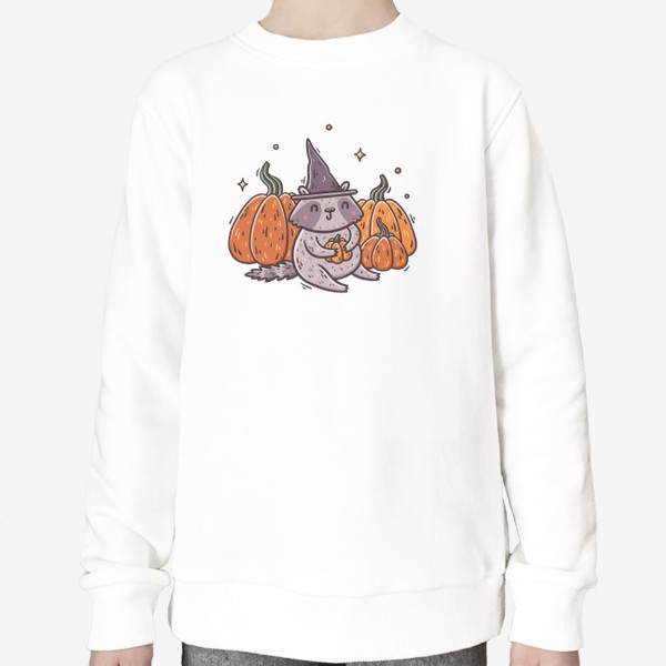 Свитшот «Милый енот в шляпе и тыквы. Хэллоуин»