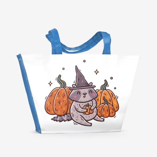 Пляжная сумка «Милый енот в шляпе и тыквы. Хэллоуин»