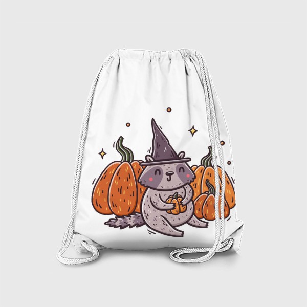 Рюкзак «Милый енот в шляпе и тыквы. Хэллоуин»