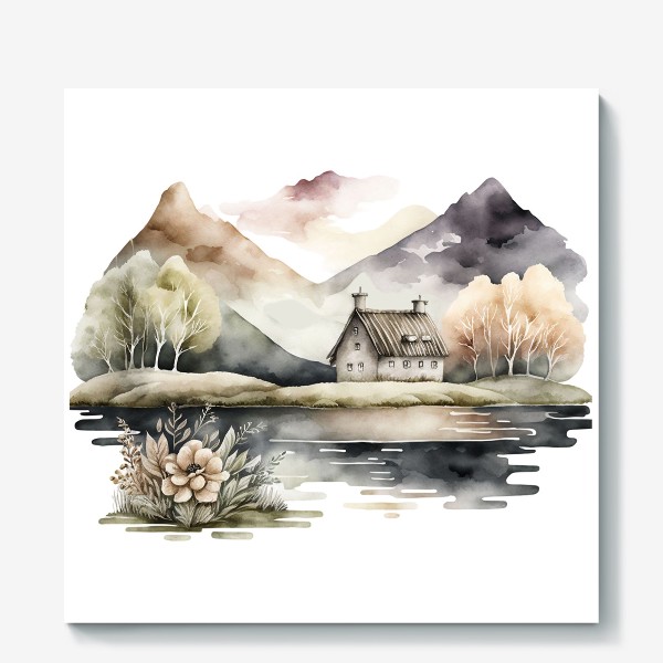 Холст «Скандинавский домик в горах у озера»