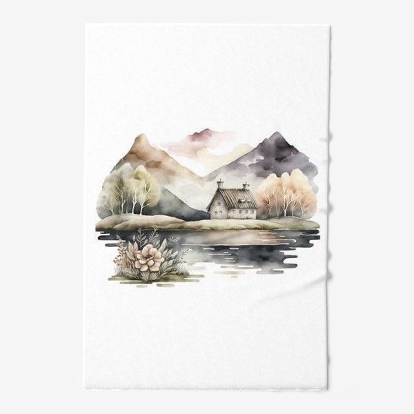 Полотенце «Скандинавский домик в горах у озера»