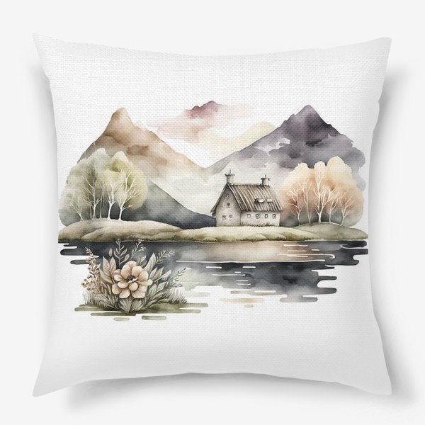 Подушка «Скандинавский домик в горах у озера»